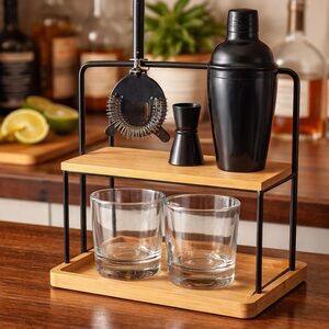 Mixology Cocktail Shaker Bar Set w/ Strainer Jigger & 2 Rocks Glasses New Sealed